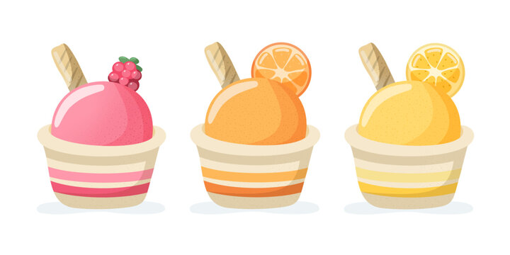 Ice cream cups vector set with raspberry, lemon and orange flavors