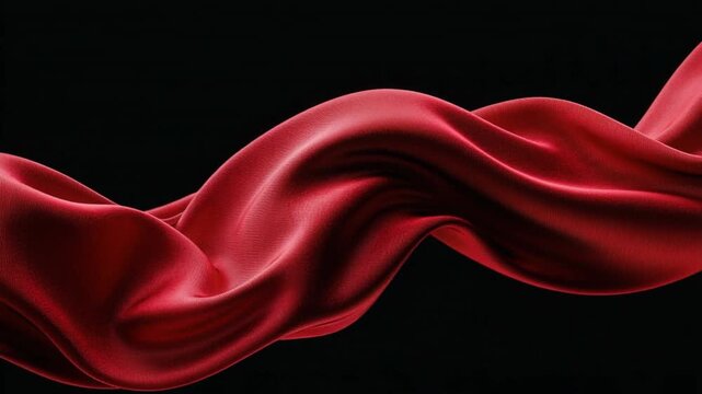 Smooth flowing red silk fabric with elegant curves and folds on black background creating luxurious and sensual texture with vibrant, rich color and soft light