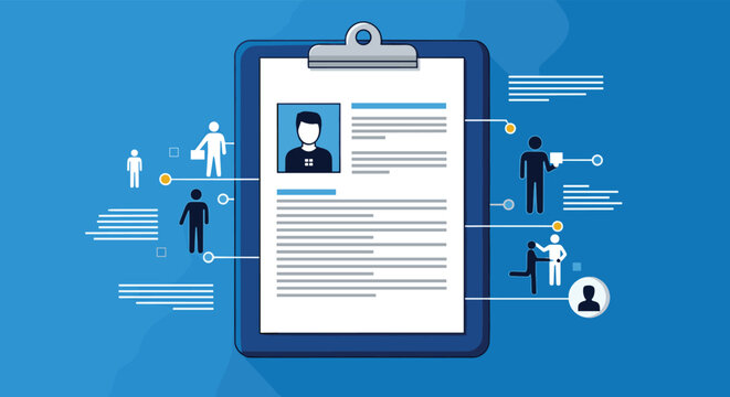 Blue clipboard holds a resume document surrounded by various people icons and connecting lines representing recruitment, hiring, and team building.