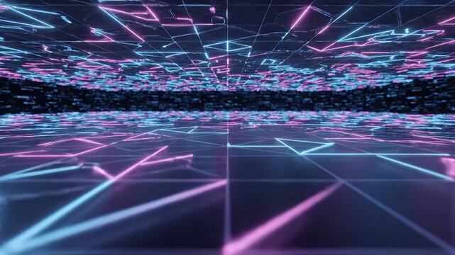 Experiencing a Neon Grid Motion Scene in a Digital Landscape