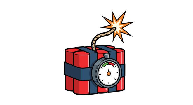 Red bundle of dynamite with a digital timer and a burning fuse set to explode in a high-tension cartoon style vector image.