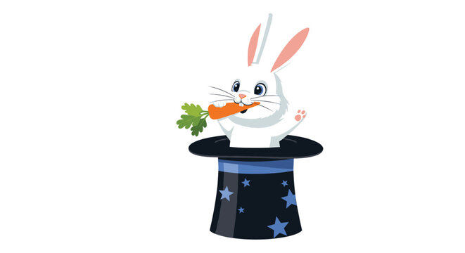 Cute white rabbit pops out of a magician top hat while eating an orange carrot in a whimsical and magical illustration.