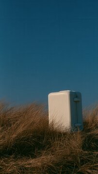 imagine a white hard-shell suitcase standing upright alone in coastal dune grass, deep blue sky, windswept dry grass surrounding it, 