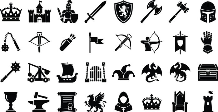 Medieval fantasy kingdom and warfare silhouette icon set