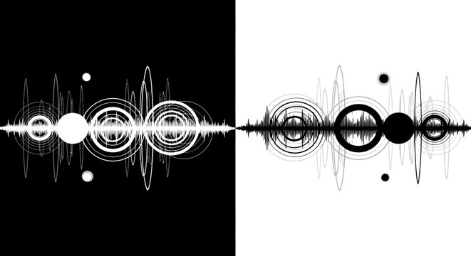 Abstract sound wave design elements with circles and lines on black and white backgrounds.