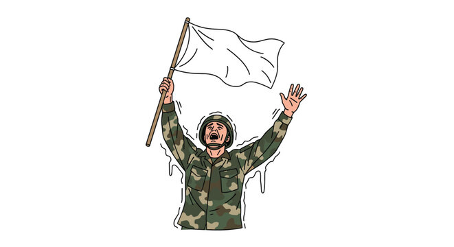 Exhausted soldier in green camouflage uniform raising large white flag of surrender with arms up high in symbolic gesture of peace.