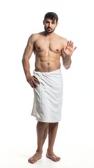 Fototapeta premium Man, shirtless, wrapped in white towel, making a stop gesture