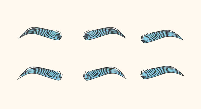 Vector illustration set showing various male eyebrow shape classifications with blue fill and black hair stroke details on a neutral beige background for grooming and beauty guides.