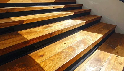 Modern Wooden Staircase with Sunlight and Shadows. © Es