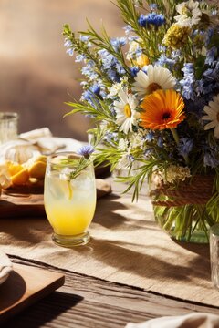 Glass of refreshing lemonade placed next to a vibrant summer flower bouquet on a rustic wooden table. Outdoor garden dining setting for a relaxing sunny afternoon lunch or picnic event.