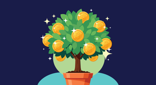 Money tree growing in a terracotta pot with large gold coins hanging as fruits and sparkling stars on a dark blue background.