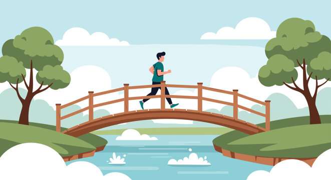 Active man jogging across a small wooden bridge over a blue river in a peaceful green park with clouds and trees in the distance.