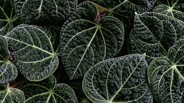 Close-up of Dark Green Leaves with Intricate Veins  Background Wallpaper Pattern 