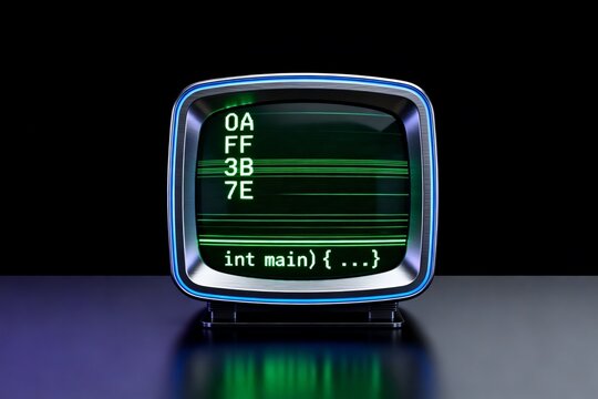 Retro TV Displaying Hex Code and C Programming Syntax