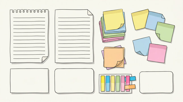 Hand-drawn stationery set featuring lined paper, colorful sticky notes, index cards, and page markers in a cute doodle style.
