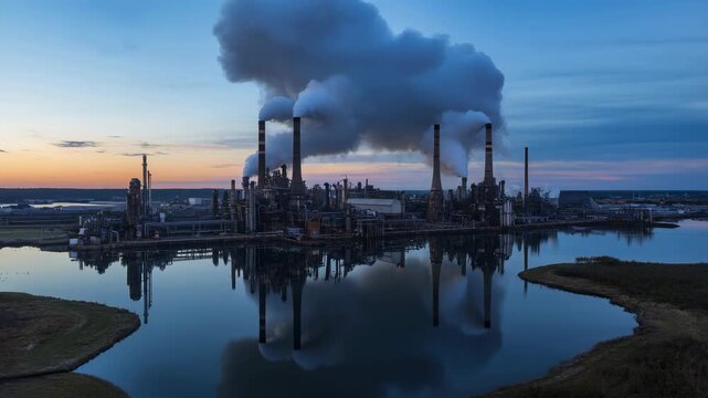 Industrial factory skyline with smoke stacks reflecting in water at sunset. Represents manufacturing, energy production, and environmental impact
