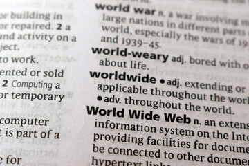 Fototapeta premium English Dictionary Page Close Up With The Word Transcription Of -worldwide
