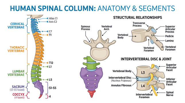 Human spinal column anatomy showing vertebrae and segments