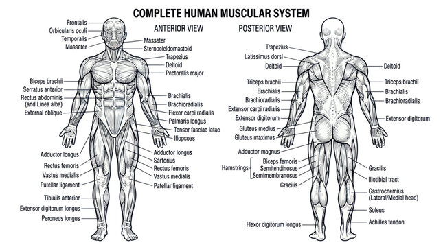 Human muscular system diagram with anterior and posterior views