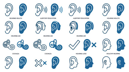 Hearing health and auditory education icon set with hearing aids © caos