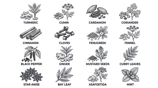 Vintage hand drawn culinary spices and herbs collection with labels