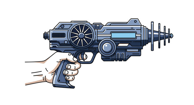 Hand holding a complex futuristic ray gun or laser pistol with a cooling fan and antenna for sci-fi adventures.