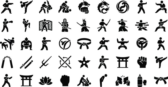 Martial arts and combat sports silhouette icons including karate judo