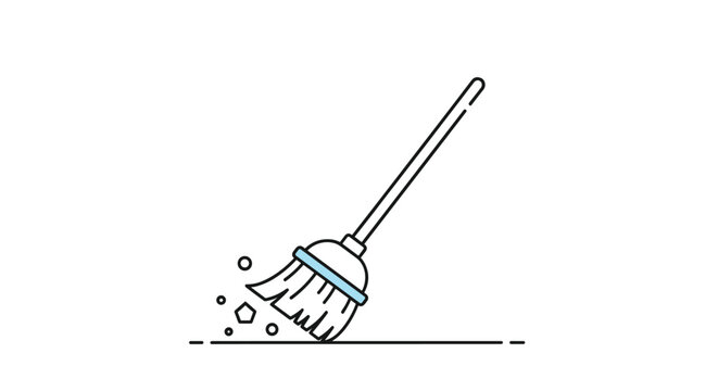Simple line illustration of a wooden broom sweeping away small pieces of dust and debris from a flat surface to keep it clean.