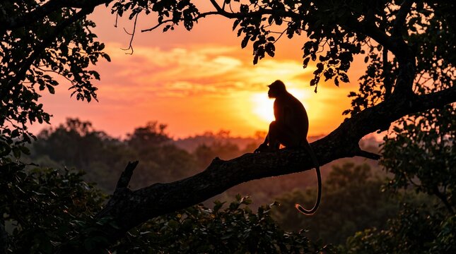 Silhouette of a monkey on a branch at sunset.
By Edwin