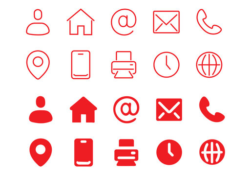 Contact us editable stroke outline and solid icons set. Flat vector illustration collection. Phone, mail, web, office and business information.