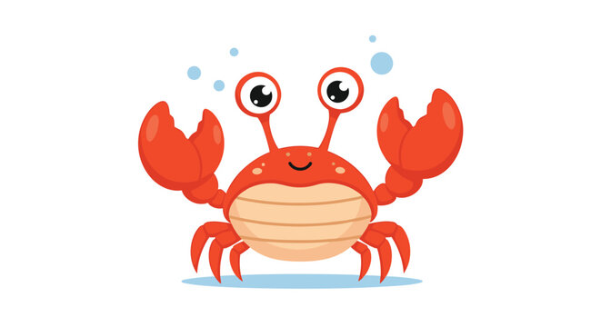 Adorable cartoon red crab with large eyes and a friendly smile blowing bubbles while standing on a small patch of blue water surface.