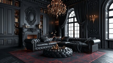 Obraz premium Luxurious dark living room interior featuring an elegant leather sofa and a glowing gold chandelier