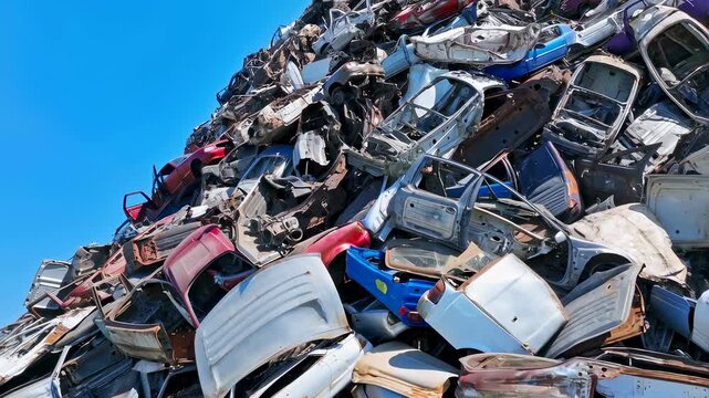 Pile of crushed and abandoned cars at a junkyard under a clear blue sky. Represents the end of vehicle life cycle and recycling industry