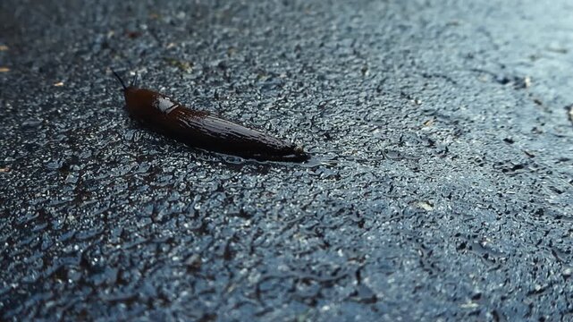 Dark invasive Spanish slug, also known as Arion vulgaris, slowly crawling on a shiny and wet asphalt surface, leaving behind a trail of slime after a rainy day in a close up view