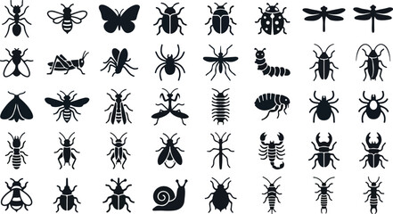 Diverse collection of black insect and bug silhouette icons © Monochrome studio