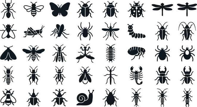 Diverse collection of black insect and bug silhouette icons