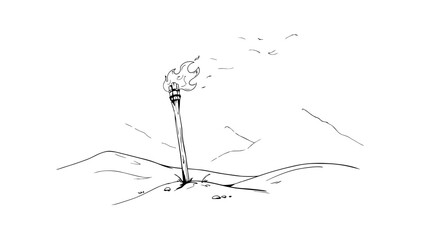Burning torch stands tall in desolate landscape with distant mountains and rolling hills under open sky © Kamrun