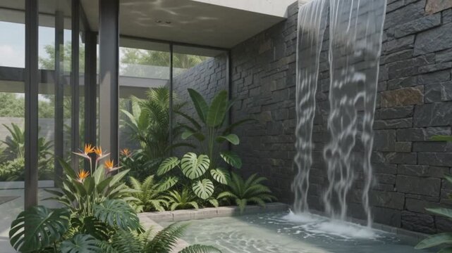 Modern Indoor Waterfall Feature Flowing into Luxury Pool with Tropical Garden in Minimalist Villa