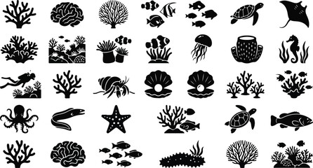 Marine life and coral reef ecosystem icons set © Monochrome studio