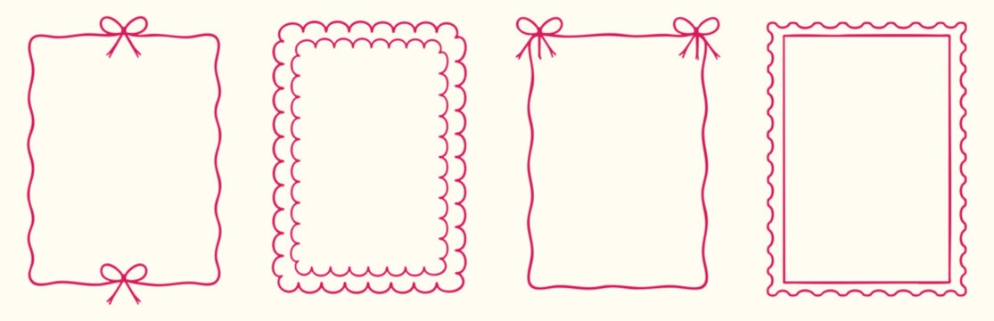 Set of hand drawn rectangular frames with bows and scalloped edges