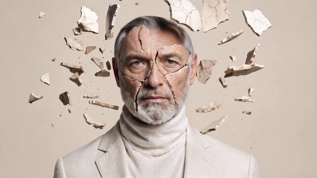 Mature man's face shattering into pieces, symbolizing mental breakdown or transformation. A distinguished older man with a beard and graying hair experiences a surreal fragmentation of his face