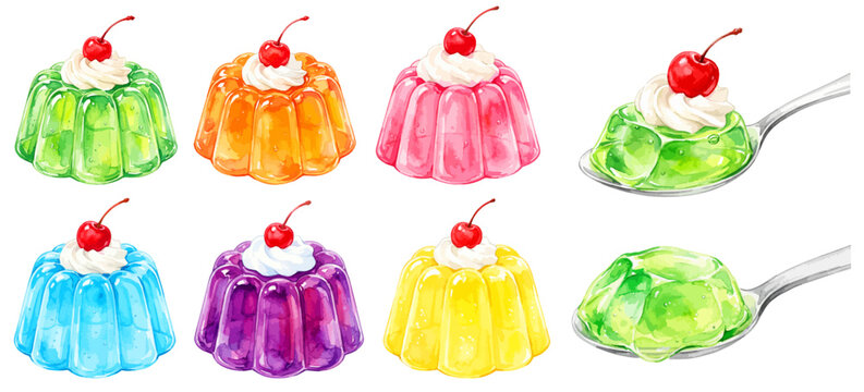 フルーツゼリーのイラストセット,水彩風のカラフルなゼリーとさくらんぼ・生クリーム,レトロな喫茶店ゼリー,手描きベクター,夏スイーツ