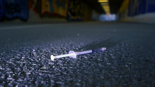 Close up of a used syringe lying on the asphalt ground in a dark, graffiti covered underpass, symbolizing drug abuse, addiction, and social decay with a shallow depth of field