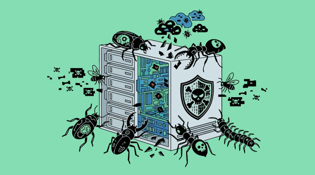 cybersecurity threats and data breach as a malware attack by digital bugs breaks a computer server showing system vulnerability