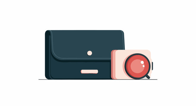 Dark blue briefcase with a small pink camera and red lens