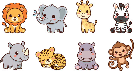 Fototapeta premium Cute Baby Safari Animal Collection Featuring Lion Elephant Giraffe Zebra Rhino Hippo and Monkey Characters for Kids Vector Illustration