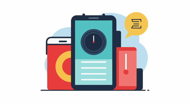 Three phones display information, one with a timer, another with text, and a third with a notification