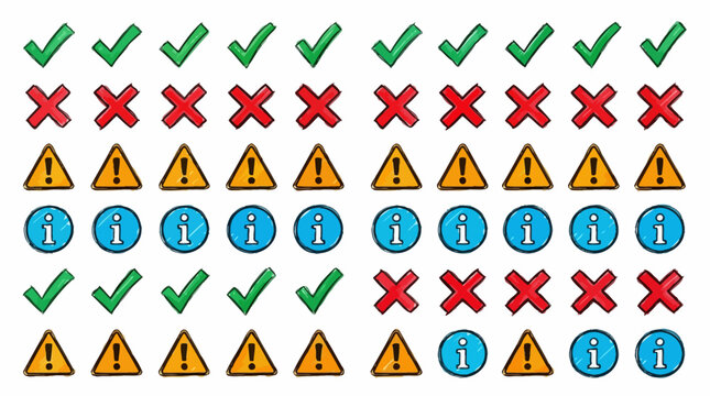 hand-drawn checkmark cross warning and information icon set pattern on white ideal for ui design elements or status indicators