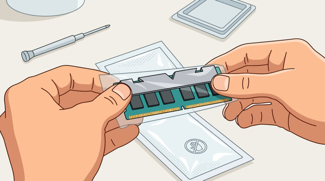 hands holding ram module in anti-static packaging preparing for computer memory upgrade or hardware installation with screwdriver nearby.