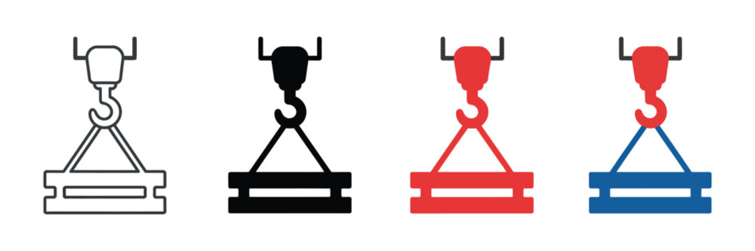 Industrial crane hook lifting load icons featuring line art and solid colored styles, designed for construction sites, engineering projects, and material handling graphics.